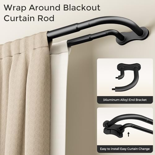 Wolistsa Wrap Around Blackout Double Curtain Rod, 34-92 Inch, Black - 2
