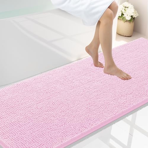 Smiry Luxury Chenille Bathroom Rugs 70x24, Extra Soft and Absorbent Shaggy Bath Mat, Machine Washable, Non-Slip Plush Carpet Runner for Tub, Shower, and Floor, Home Decor Accessories, Pink