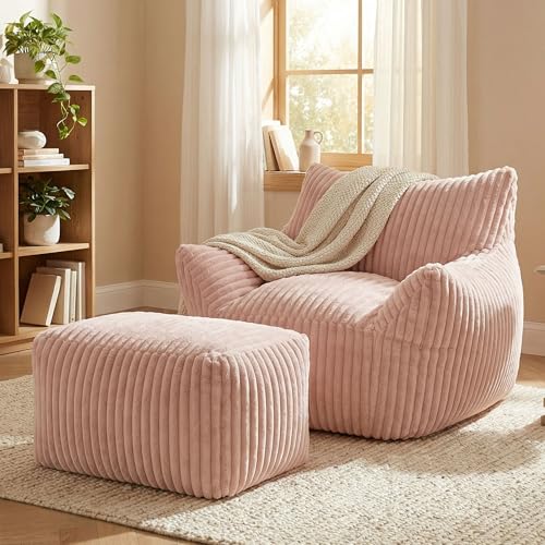 GRAVFORCE Schlafsofa mit Rückenlehne und Fußstütze XXL Sitzsack Sessel mit Hocker für Erwachsene Relaxsessel Lazy Sofa Indoor-Sitzkissen für Schlafzimmer Wohnzimmer Wintergarten (Rosa)