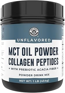 MCT Oil Powder + Keto Collagen Peptides + Acacia Fibre 16oz (Unflavored). 10g MCT, 5g Collagen. MCT Collagen for Coffee Creamer, Shakes, Smoothies, Ketogenic Low Carb Protein Powder