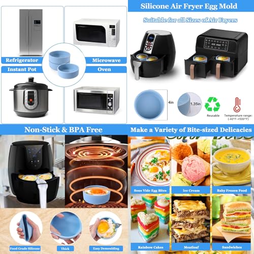 hobbyme Silicone Egg Mold for Air Fryer, 3 PCS Round Sous Vide Egg Bite Maker for Microwave, Reusable 4\" Small Soft Egg Bites Pan, Home Kitchen Accessories(Blue) - Thumbnail 2