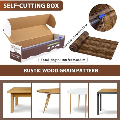 Image of Kochorie 100 Ft x 54 Inch Wood Grain Tablecloth Roll in Slide Cutter Box Disposable Rustic Backdrop Vintage Table Cover Western Themed Bulletin Board Plastic Roll for Barn Birthday Classroom Decor