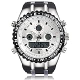 Readeel Military Men Sports Watch Silicone Watch LED Light Dual-display Mens Watches, White Dial