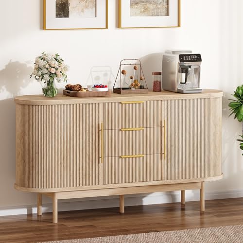 YITAHOME 55'' Fluted Buffet Cabinet with 3 Large Drawers, Sideboard Buffet Storage Cabinet with Adjustable Shelf & Sliding Door, Modern Coffee Bar Table for Kitchen, Entryway, Living Room, Natural Oak