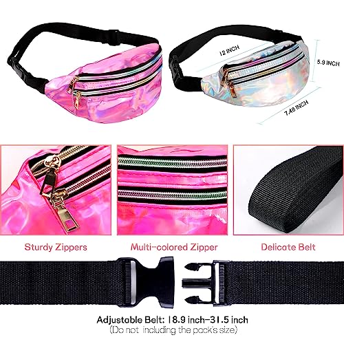 JunD Metallic Bauchtasche Damen - Holografische Gürteltasche aus PU Leder, Wasserdicht und Reflektierend, 80er & 90er Jahre Retro-Stil (Silber+Rosa), 2 Stück