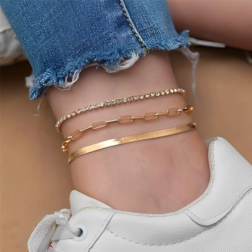 Image of iF YOU Gold Ankle Bracelets for Women, 14k Gold Plated Waterproof Cuban Link Chain Anklets Set, Layered Anklet Bracelets for Women Beach Gift Adjustable Size 5pcs
