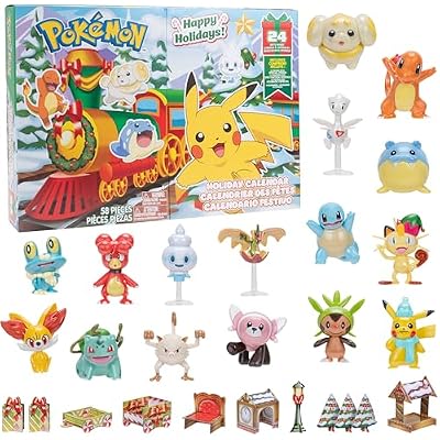 Pokemon 2025 Holiday Christmas Advent Calendar 24 Piece Gift Playset - Officially Licensed - Includes 2 Pikachu, Bulbasaur, Charmander & More - 16 Toy Figures & 8 Accessories - Kids, Boys, Girls - 4+