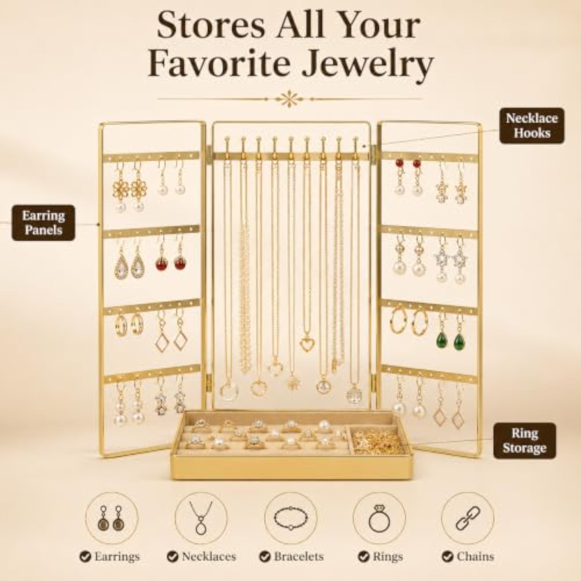 Foldable Metal Jewellery Stand, 3-Panel Organizer