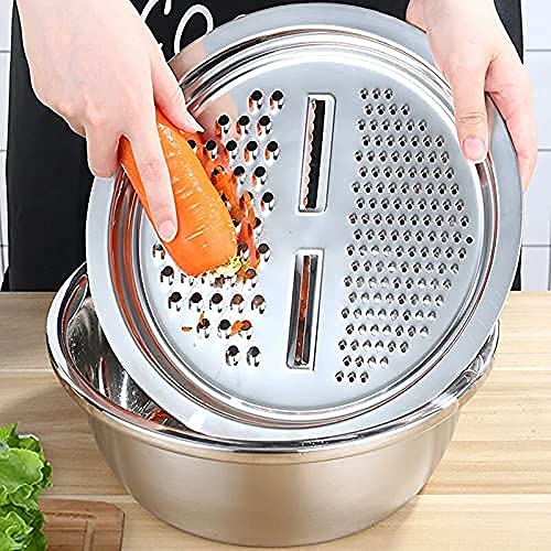 Akiba store Stainless Steel Mirror Finish 3-in-1 Multipurpose Drain Basket- Grater- Basin Bowl; Vegetable Slicer For Kitchen Cutting|for Fruits And Other Items|Outer Diameter- 26 Cm,Silver 1