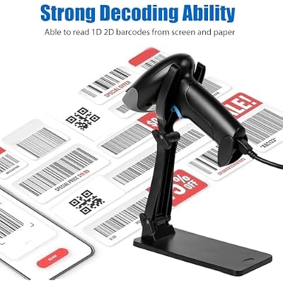 QR Code Scanner with Foldable Stand, 1D 2D Barcode Scanner 2.4G Wireless & USB Wired Connection, Handheld CMOS Image Bar Code Reader for Warehouse Library Supermarket
