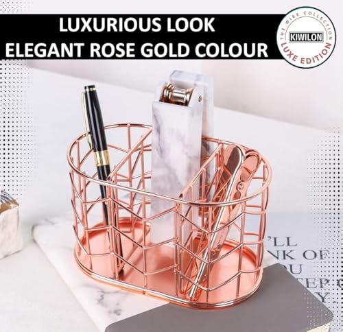 Image of 3 Compartment Desk Organizer | Multipurpose Metal Stationery Holder & Makeup Brush Stand | Electroplated Iron Storage Basket for Office & Vanity (Rose Gold)