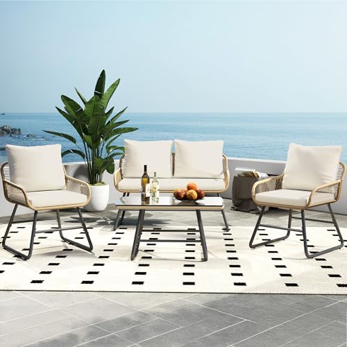 Yaheetech 4 Piece Patio Furniture Set, Outdoor Wicker Conversation Sets, Boho Loveseat & 2 Armchairs with Cushion and Pillow, Glass Top Table for Backyard, Porch, Balcony, Deck - Tan/Cream