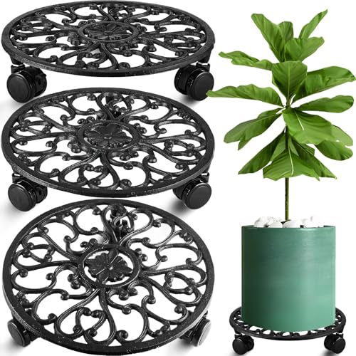 3 Packs 11 Inch Rolling Plant Stand with Wheels Wrought Iron Rolling Plant Stand with Casters Heavy Duty for Indoor Plants Rollers with Wheels Metal Round Plant Dolly