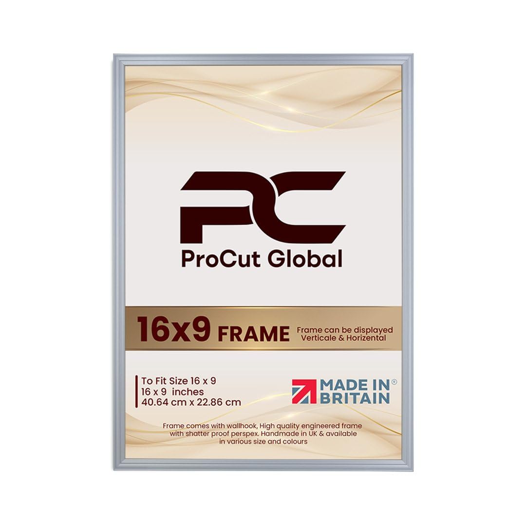 Procut Global 16X9 Silver Picture Frames - Classic Wooden Photo Frame with Shatterproof Perspex for Wall or Tabletop - Perfect for Posters, Certificates & Prints - Sizes & Colors Available