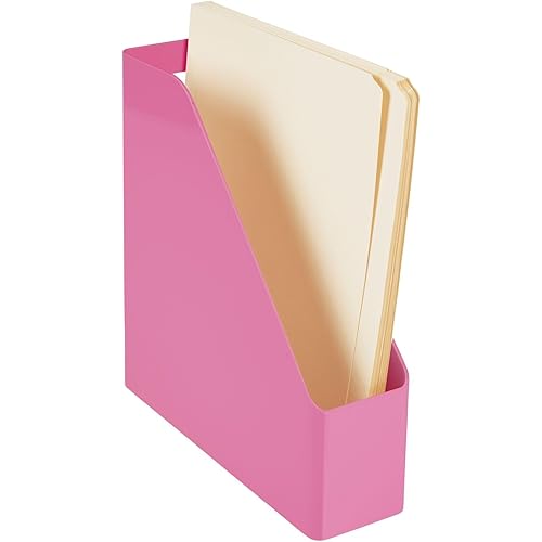 mDesign Plastic Slim Vertical File Folder Storage Organizer Bin with Handle - Hold Notebooks, Binders, Envelopes, Magazines for Home Office, Work Desktops, Ligne Collection, Rose Pink
