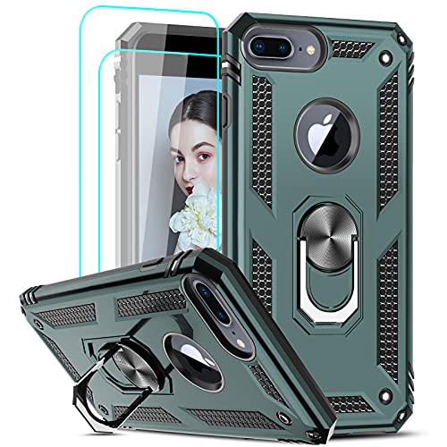 LeYi Compatible for iPhone 8 Plus Case, iPhone 7 Plus Case, iPhone 6 Plus Case with 2PCS Tempered Glass Screen Protector, Military-Grade Phone Case with Kickstand for iPhone 6s Plus, Midnight Green