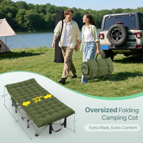 Image of Suteck 32 inch XXL Folding Camping Cot, 900LBS Heavy Duty Sleeping Cots | With Pillow Mattress & Carry Bag, 1200D Double-Layer Oxford Fabric Portable Cot Bed for Adults, Home, Office, Beach & Travel