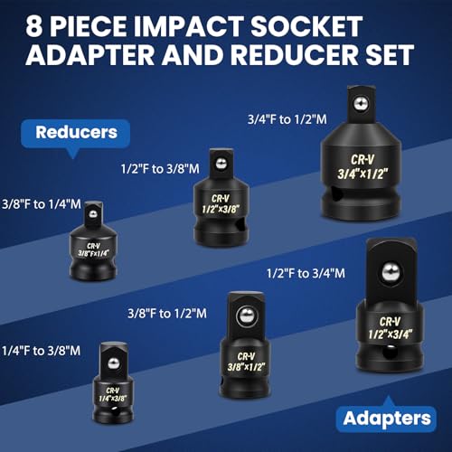 Image of 6-Piece Impact Socket Adapter Set, 1 /4 inch 3 /8 inch 1 /2 inch 3 /4 inch Drive Reducers & Adapters,CR-V Steel, Impact Grade Socket Adapter Kit for Impact Tools