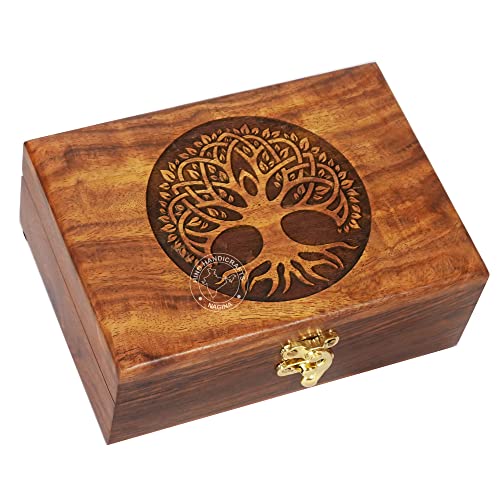 Image of Rosewood Handmade Wooden Urn | Tree of Life Engraving Handcarved Jewellery Box for Women & Men | Home Decor Accents | Decorative Keepsake Box | Storage & Organiser (7 inchx5 inchx2.5 inch, - 60 Cubic Inch)