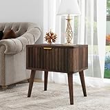 MUUEGM Fluted Nightstand Mid Century Modern End Table with Drawer Walnut Bedside Table with Storage 19' Solid Wood Side Table for Living Room and Bedroom