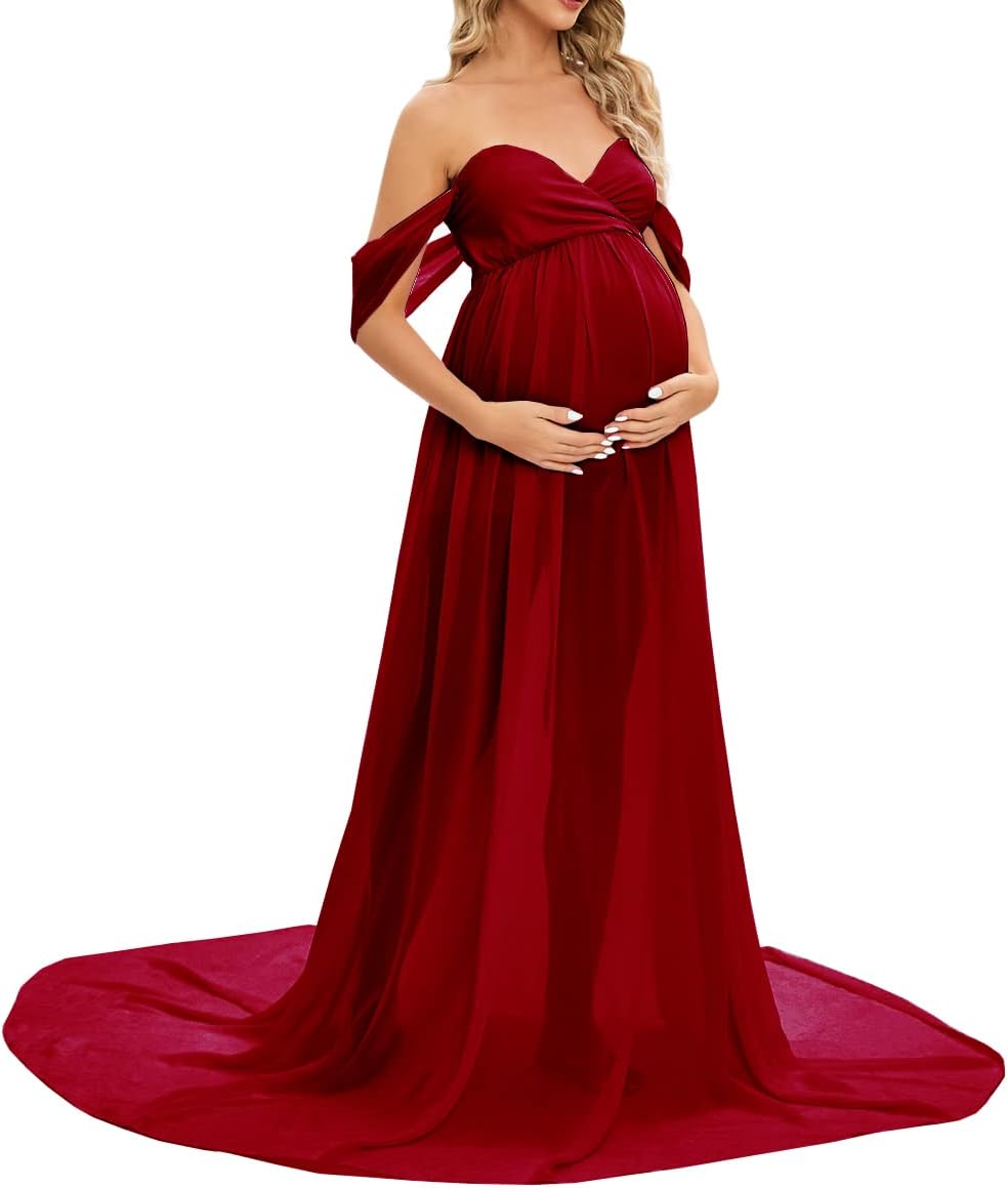 ZIUMUDY Maternity Maxi Chiffon Gown for Photoshoot Photography Off Shoulder Wraped Sheer Chiffon Dress - Image 4