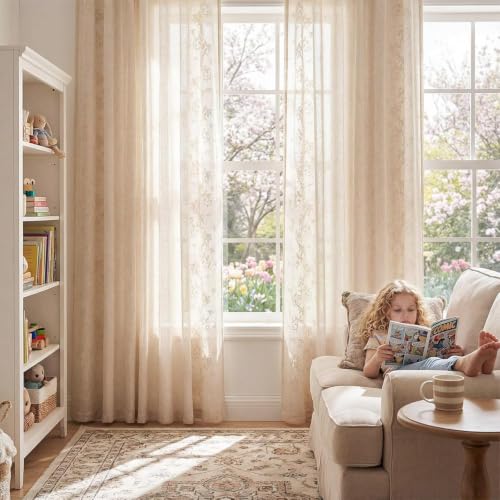 Image of jinchan Floral Linen Curtains, Back Tab 50x96 Inch, 2 Panels Ivory