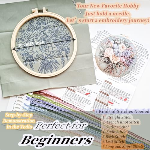 Image of FONNUY Bouquet Flowers Embroidery Kit for Beginners, Pre-Stamped Pattern Kits for Adults with Hoop, Easy to Follow Color Thread Needlework, 8'' Hoop (Joyful Bouquet)
