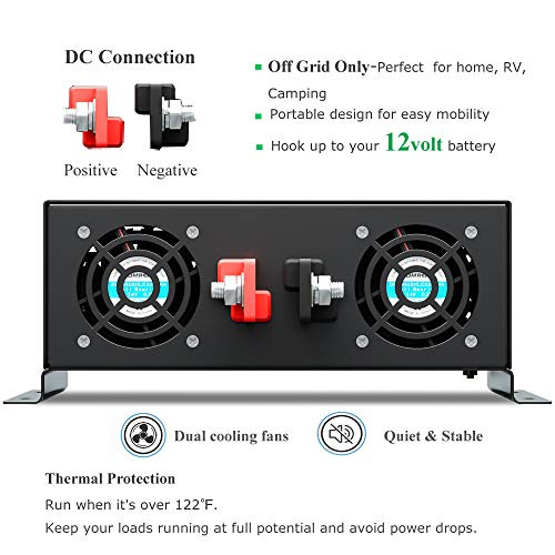 WZRELB Reliable 4000W Pure Sine Wave Solar Power Inverter 12V 110V 120V 60Hz Power Converter LED Display DC to AC Power Generator with Remote Controller Hardwire Terminal