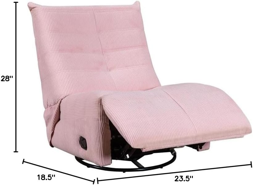 Pemberly Row Modern Swivel Glider Recliner, Pink Corduroy Fabric, Foam Filled Seat with Pocket Coil Springs, 18.5 in Seat Height, 28 in Width, 23.5 in Depth, Living Room or Reading Nook Chair