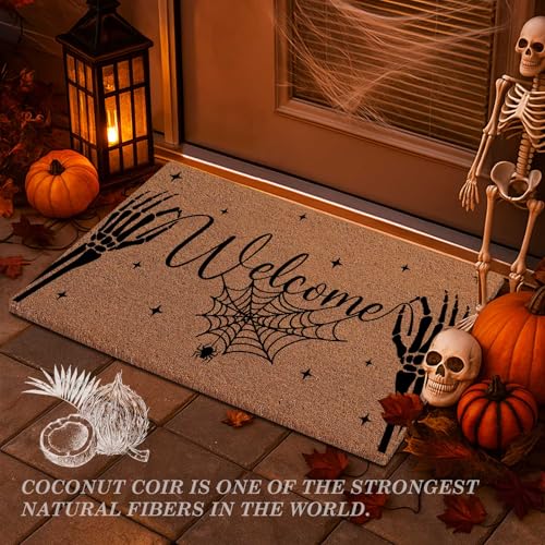 Lanpn Halloween Fußmatte Totenkopf-Hand Kokosmatte, rutschfeste Schmutzfangmatte für Eingang/Terrasse, Lustige Türmatte Innen Außen Bodenmatte Badezimmer Matte Badezimmer Wohnzimmer Dekor (42x75 cm)