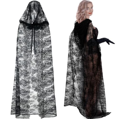 Skicuff Halloween Lace Hooded Cloak Witch Tulle Cape for Women Gothic Costumes Cape for Cosplay Vampire Costume Black
