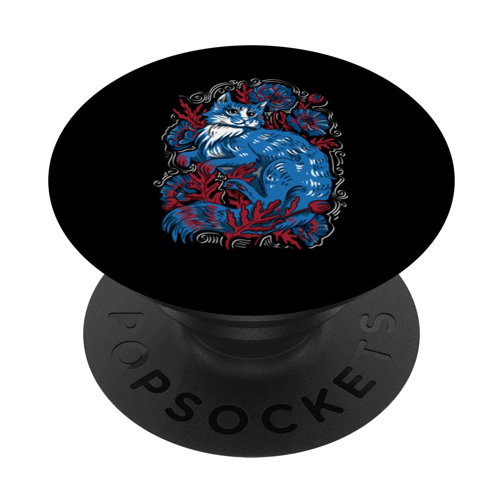 Floral Cat Red White And Blue 4th Of July Patriotic PopSockets Swappable PopGrip, Black