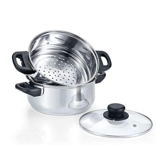 CONCORD 3 Quart Stainless Steel 3 Piece Steamer Cookware Set. Features 2 Quart Veggie Steamer and 3 Quart Cooking Pot with tempered glass lid. (INDUCTION COMPATIBLE)