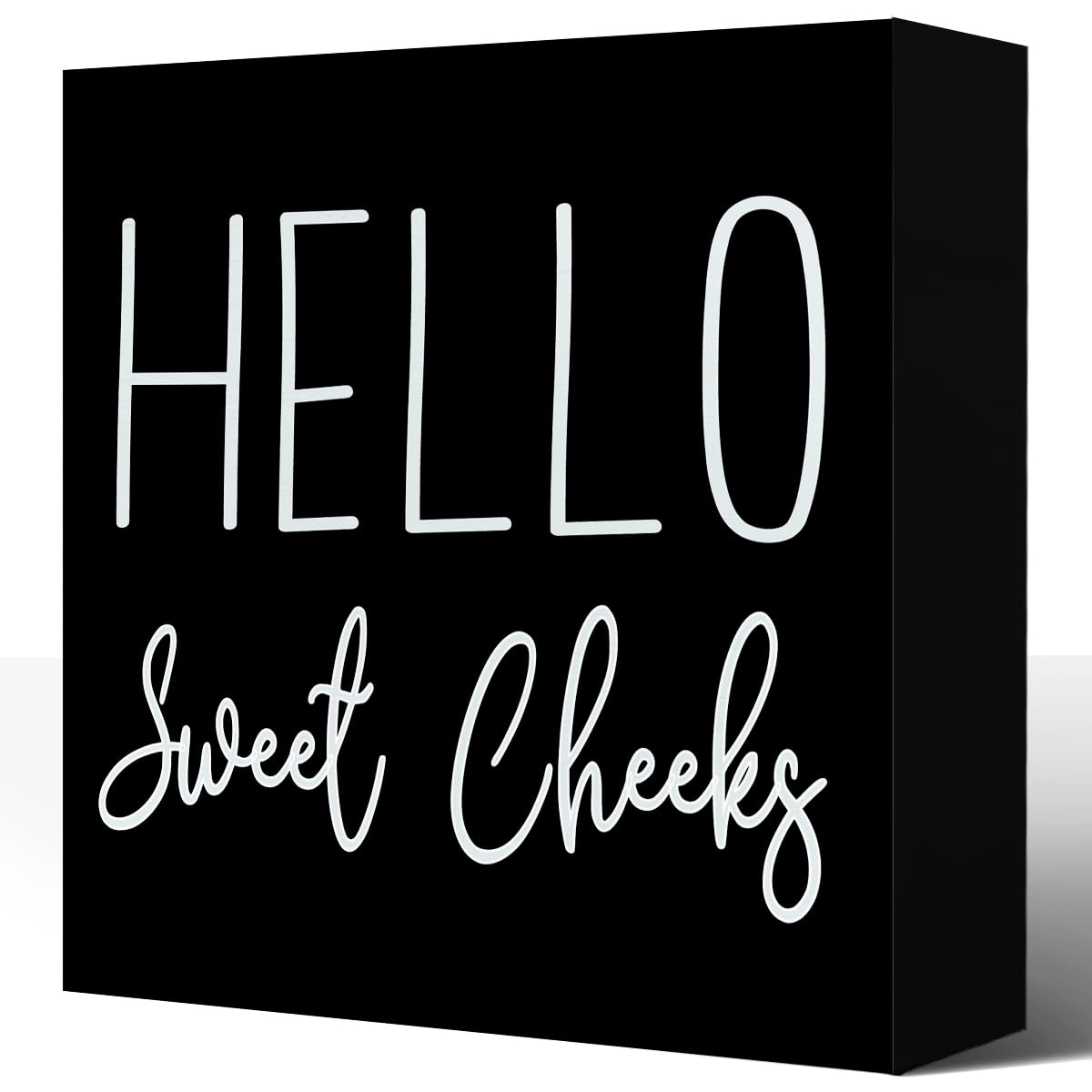 Funny Bathroom Wood Block Signs,Hello Sweet Cheeks Black Wooden Box Sign for Bathroom Shelf Toilet Restroom Home Tabletop Desk Decor,Rustic Bathroom Sign Decor 5x5 Inch