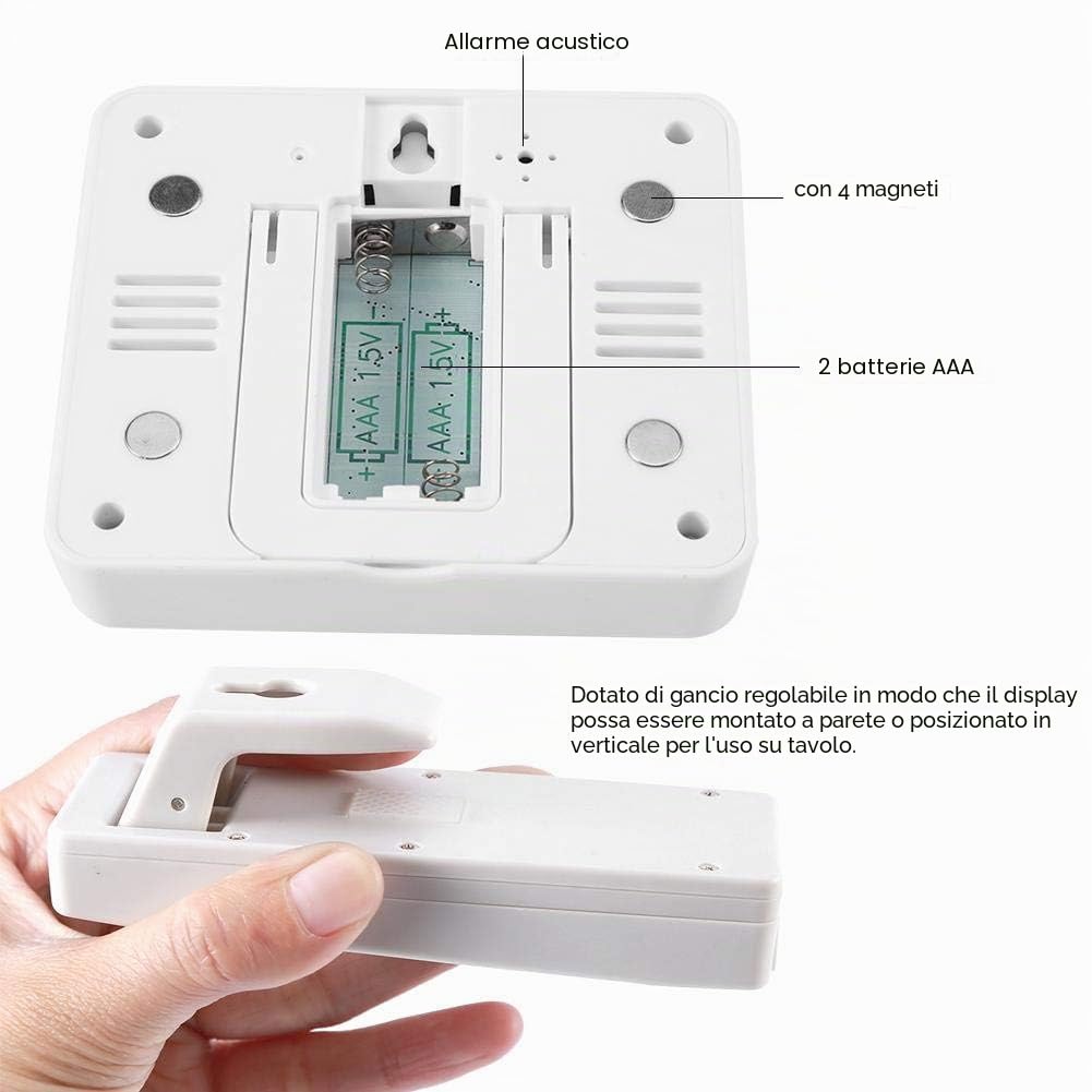 Termometro digitale del Frigorifero, Termometro Digitale per Interno/Esterno Senza Fili con 2 Sensori Wireless, Allarme Acustico, Registrazione Min/Max per Casa, Ristoranti, Caffè, ecc.