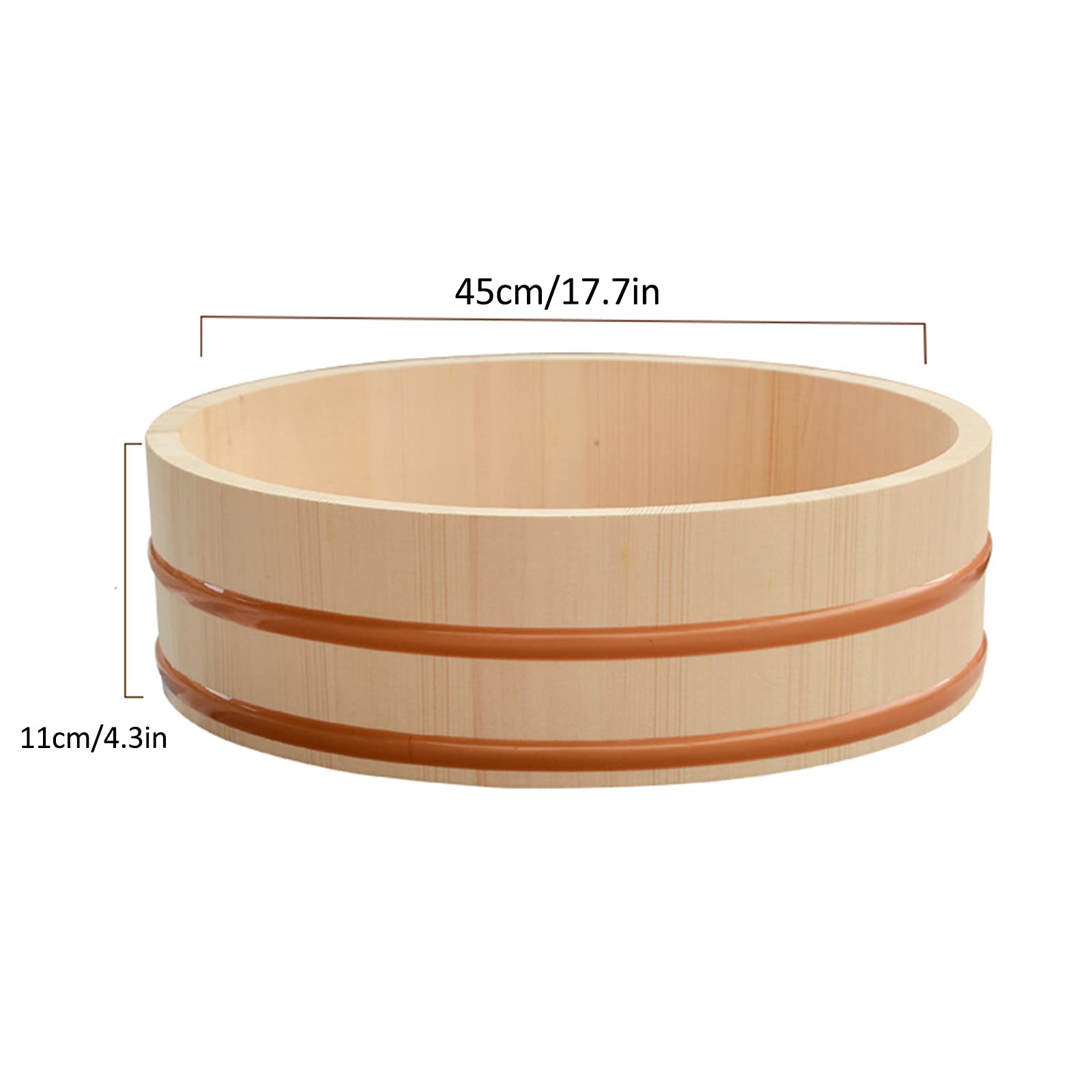 AIZYR Ręcznie wykonana miska do mieszania ryżu Hangiri Sushi Oke - japońska drewniana wanna do mieszania ryżu z łopatką do robienia sushi i mieszania ryżu sushi, 45 cm / 17,7 cala