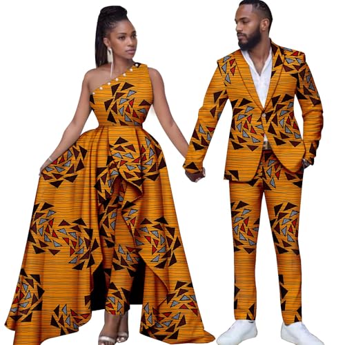 MaxPick African Wedding Dresses Ankara Printed Fabric Men's Suit Matching Pants 2 Piece Set Women's Party Dresses Coupleswear Medium Women 649