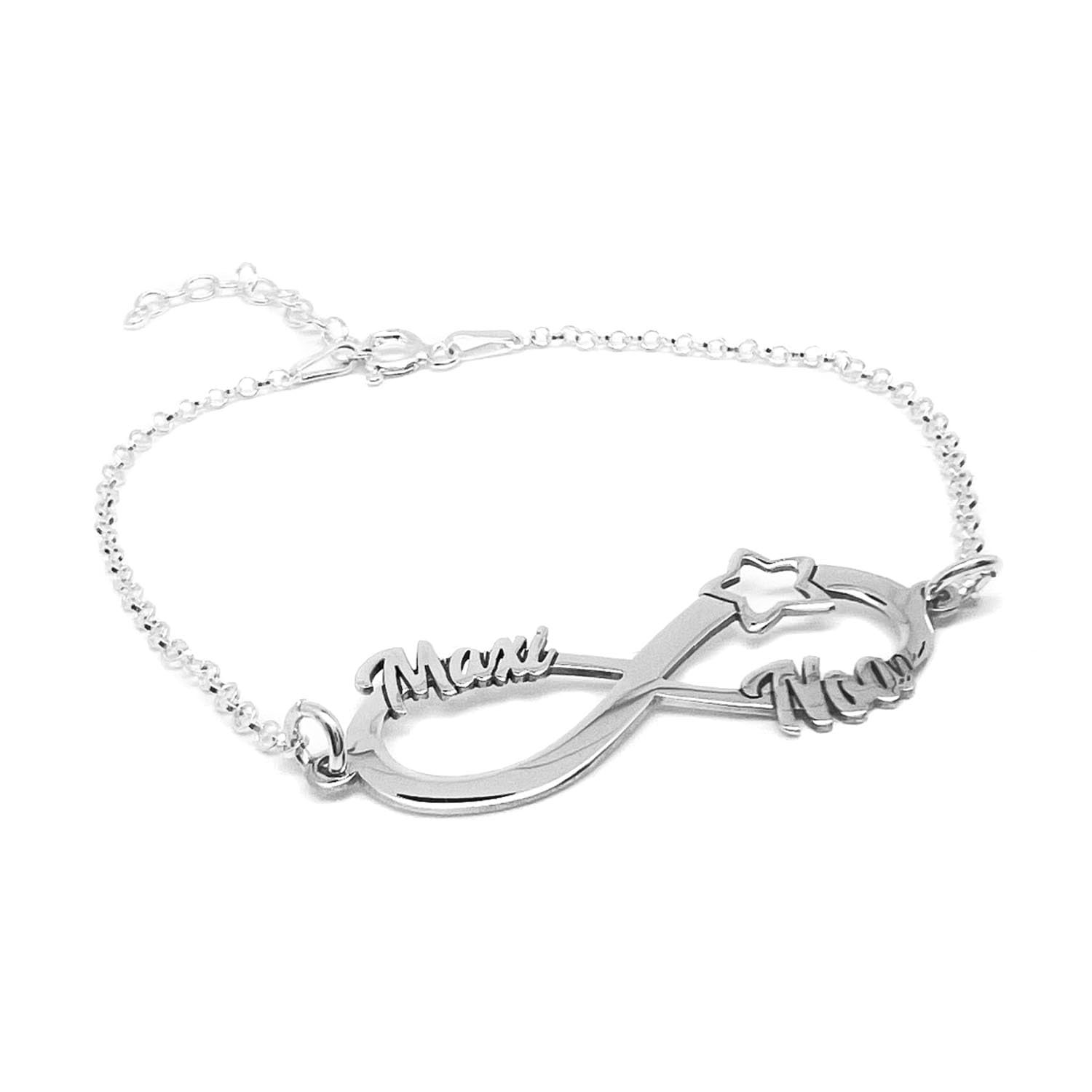 Pulsera Infinito Personalizada para Mujer con 3 Nombres – Plata de Ley 925/1000 – Medidas: 38x12mm - Hecha a Mano en Málaga – Regalo Día de la Madre y Navidad Modelo Estrella