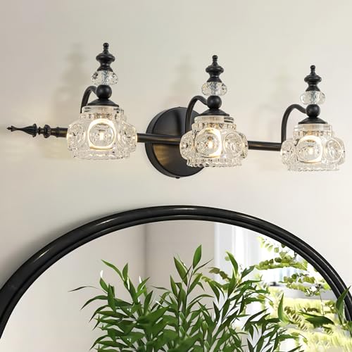 Image of Bathroom Vanity Light Fixtures, Farmhouse Vintage Wall Sconce Lighting with Glass Shade, Bath Vintage Wall Mounted Lamps for Mirror (3 Lights,Matte Black,G9 Base)