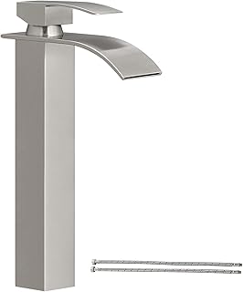 Waterfall Spout Brushed Nickel Bathroom Faucet, Tall Single Handle Bathroom Vanity Sink Faucet, Rv Lavatory Vessel Faucet Basin Mixer Tap with Deck Plate, Solid Brass (One or 3 Hole)