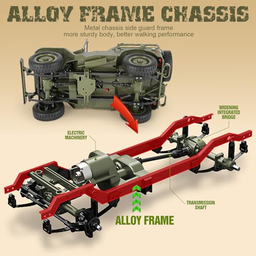 toylefun 1/10 Scale RC Military SUV, Remote Control 4WD Off-Road Vehicle with Alloy Frame Chassis, with Winch and Capstan, Army Vehicle with Opening Hood and Folding Windshield, 2 Batteries,