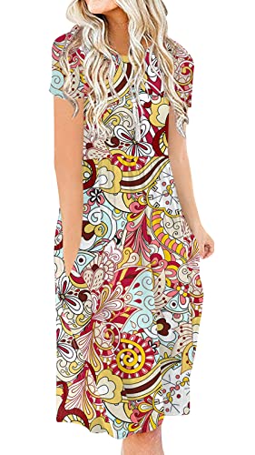 Image of DB MOON Women Summer Casual Short Sleeve Dresses Empire Waist Dress with Pockets