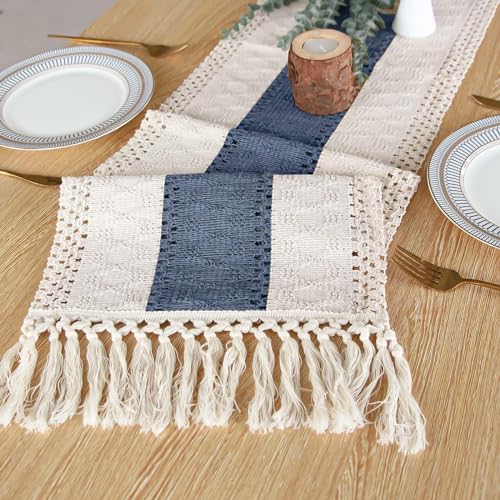 Image of FEXIA Boho Blue Table Runner 48 Inches Long with Tassels Macrame Farmhouse Summer Style Graduation Party Rustic Wedding Baby Shower Dining Kitchen Living Room Decor (12x48 Inches)