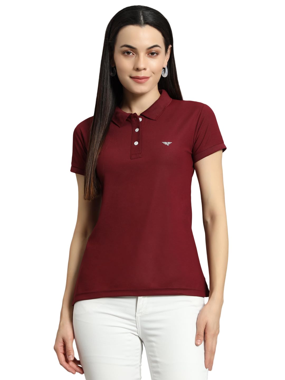 Women Solid Half Sleeves Polo Neck T-shirt-BZR2001-MAROON-picture-26