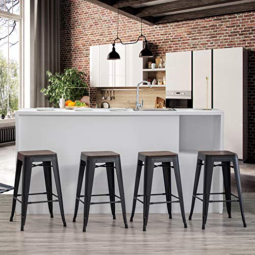 Yongchuang Metal Counter Height Bar Stools Set Of 4 Stackable Backless Stools With Wood Top 24" Matte Black #TOP4