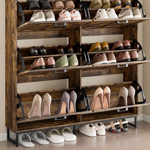 Image of BORNOON Shoe Cabinet with 6 Flip Drawers Narrow Shoe Storage Cabinet Organizer Wooden Freestanding Shoe Rack Hidden Slim Shoes Storage Cabinet for Entryway, Hallway, Living Room, Bedroom