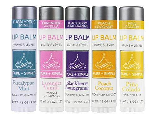 PURE + SIMPLE Duet Lip Balm Collection, Vegan, 5 Tube Set, Eucalyptus Mint, Lavender Vanilla, Blackberry Pomegranate, Peach Coconut, Piña Colada, Chapstick Moisturizer for Dry Chapped or Cracked Lips.