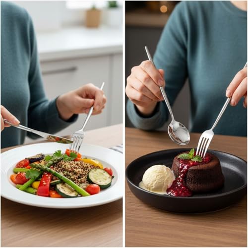 Image of 20 Pcs Silver Cutlery Set for Dining Table the Perfect Lightweight Silim Handle Tableware Including Dinner Spoon, Dinner Fork, Dinner Knife, Dessert Spoon & Dessert Fork