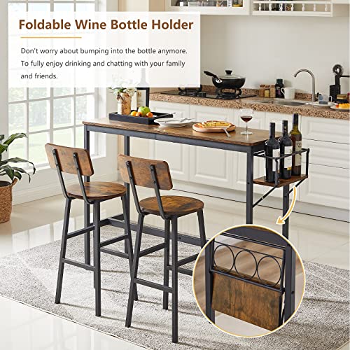 Tatub Bar Table And 2 Chairs Set, Industrial Style 3 Pieces Pub Dining Table Set With Collapsible Bottle Holder, 2 Bar Stools With Backrest For Kitchen, Apartment, Small Space #TOP3