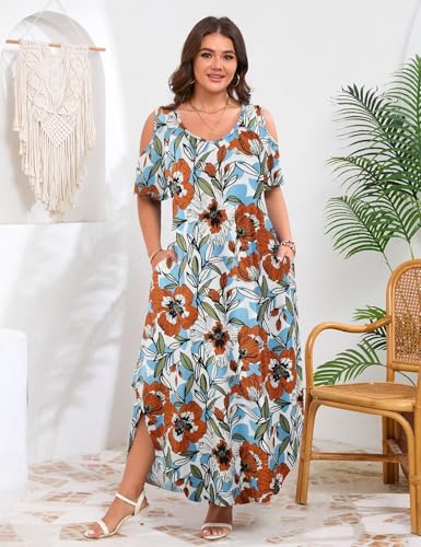 Image of JollieLovin Womens Plus Size Casual Summer Maxi Long Dress Cold Shoulder V Neck Beach Sundresses